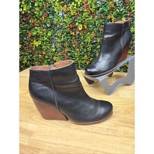 Kork-Ease Natalya Pebbled Leather Demi Wedge Side Zip Booties Shoes Black W 7.5